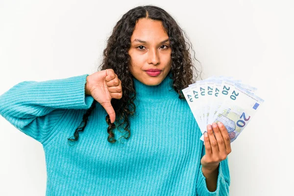 Young Hispanic Woman Holding Banknotes Isolated White Background Showing Dislike — Stock Photo, Image