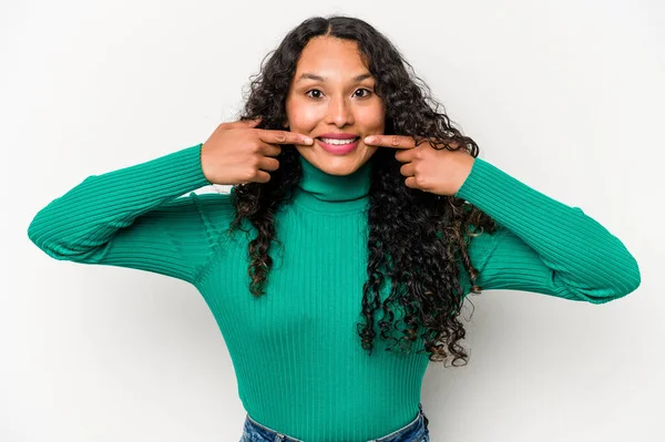 Young Hispanic Woman Isolated White Background Smiles Pointing Fingers Mouth —  Fotos de Stock