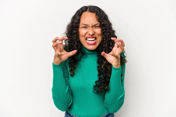 Young Hispanic Woman Isolated White Background Upset Screaming Tense Hands — Photo
