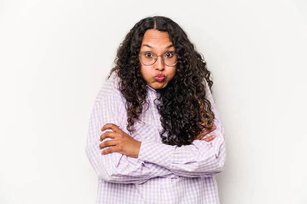 Young Hispanic Woman Isolated White Background Blows Cheeks Has Tired — Stock Photo, Image