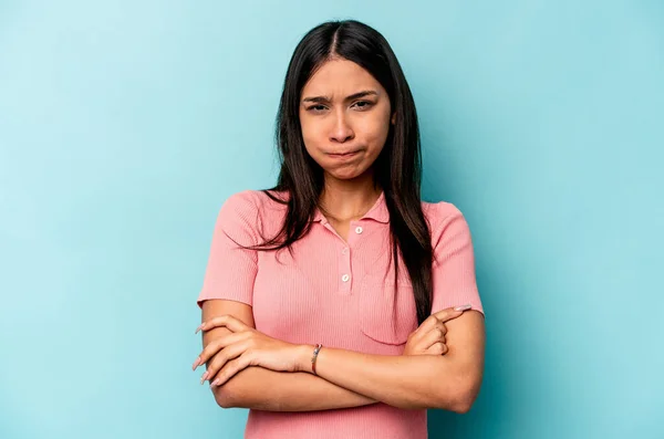 Young Hispanic Woman Isolated Blue Background Blows Cheeks Has Tired — Stock Photo, Image