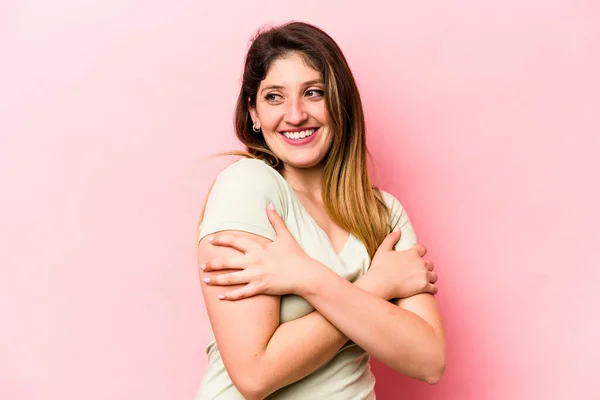 Mladá Kavkazská Žena Izolované Růžovém Pozadí Směje Baví — Stock fotografie