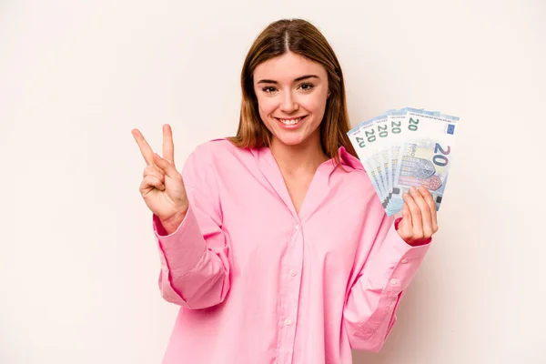 Young Woman Holding Banknotes Isolated White Background Showing Number Two — Stock Photo, Image