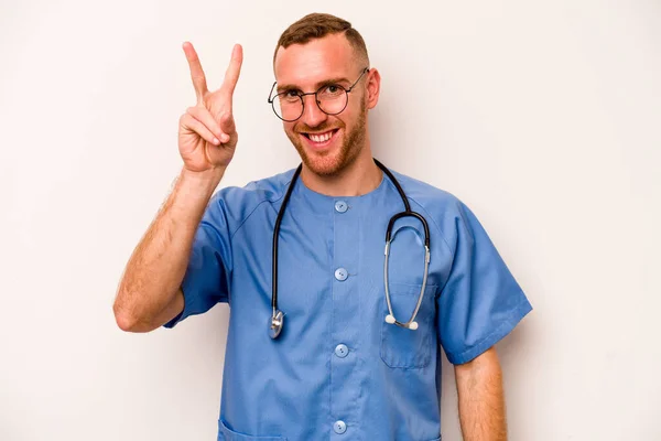 Young Caucasian Nurse Man Isolated White Background Joyful Carefree Showing — Stock Photo, Image