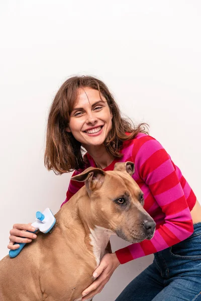 Young Caucasian Woman Combing Her Dog Isolated White Background — Stock Photo, Image