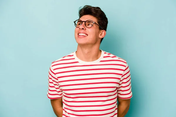 Young Caucasian Man Isolated Blue Background Relaxed Happy Laughing Neck — Stock Photo, Image