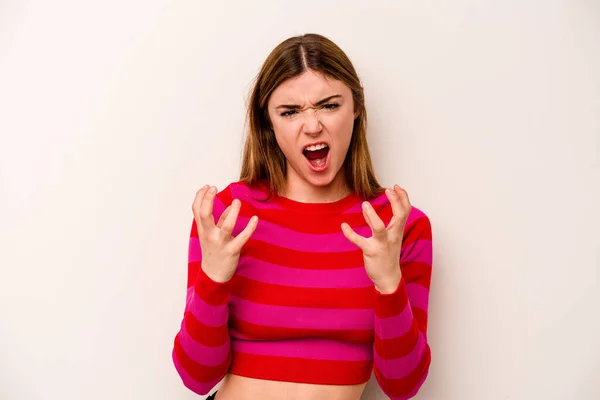 Young Caucasian Woman Isolated White Background Upset Screaming Tense Hands — Stock Photo, Image