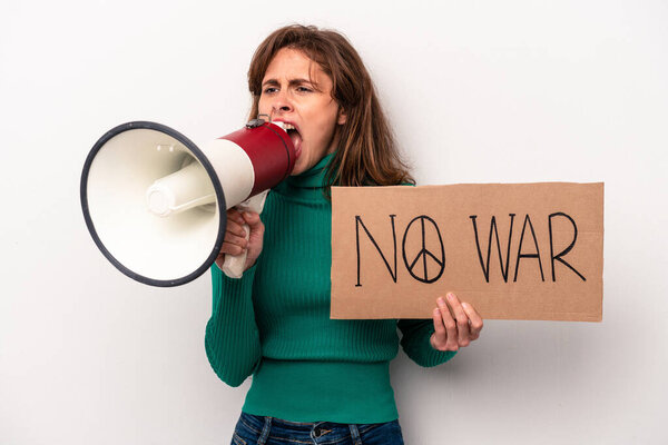 Young caucasian woman holding no war placard isolated on white background