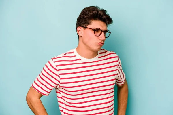 Young Caucasian Man Isolated Blue Background Frowning Face Displeasure Keeps — Stock Photo, Image