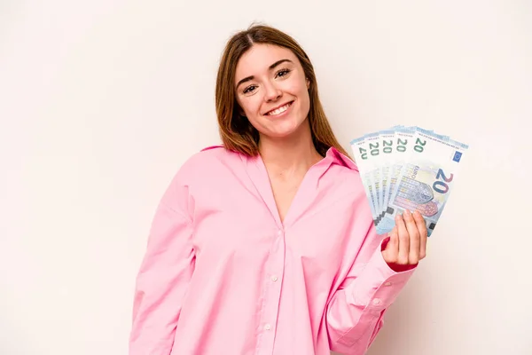 Young Woman Holding Banknotes Isolated White Background Happy Smiling Cheerful — Stock Photo, Image