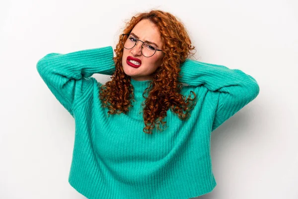 Young Ginger Caucasian Woman Isolated White Background Suffering Neck Pain — Stock Photo, Image