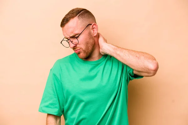 Young Caucasian Man Isolated Beige Background Having Neck Pain Due — Stock Photo, Image