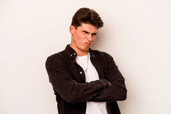 Young Caucasian Man Isolated White Background Frowning Face Displeasure Keeps — Stock Photo, Image