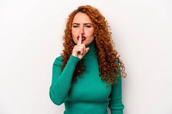 Young Ginger Caucasian Woman Isolated White Background Keeping Secret Asking — Stock Photo, Image