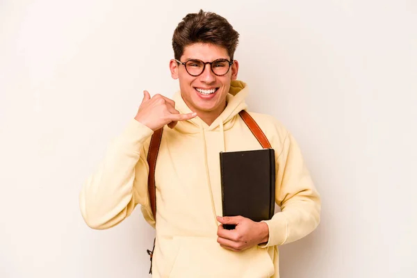 Beyaz Arka Planda Izole Edilmiş Genç Beyaz Bir Öğrenci Parmaklarıyla — Stok fotoğraf