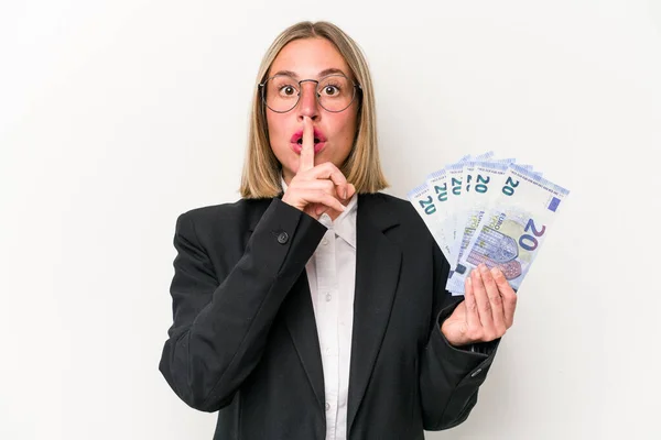 Young Business Caucasian Woman Holding Banknotes Isolated White Background Keeping — Stock Photo, Image