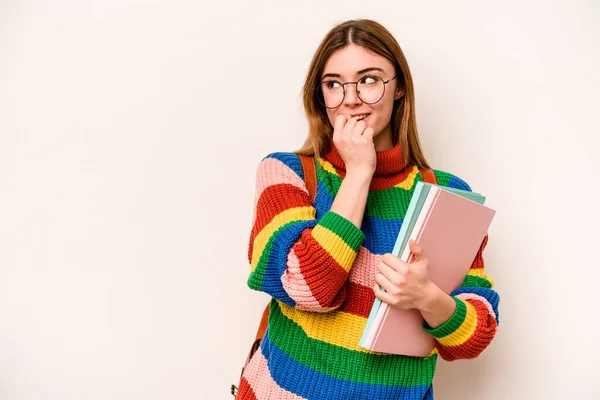 Young Student Caucasian Woman Isolated White Background Relaxed Thinking Something —  Fotos de Stock