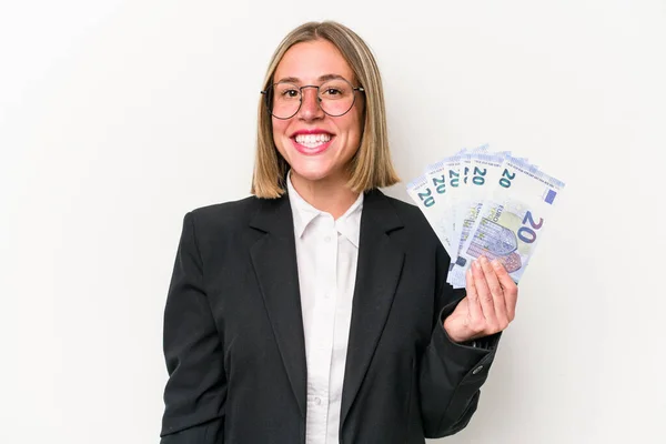 Young Business Caucasian Woman Holding Banknotes Isolated White Background Happy — стоковое фото