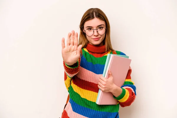 Young Student Caucasian Woman Isolated White Background Standing Outstretched Hand —  Fotos de Stock