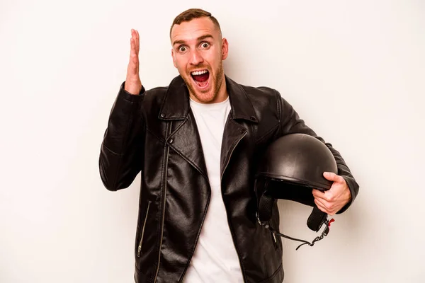 Young Caucasian Man Motorcycle Helmet Isolated White Background Receiving Pleasant — Stock Photo, Image
