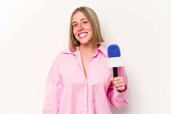 Young Caucasian Journalist Woman Isolated White Background Happy Smiling Cheerful — ストック写真