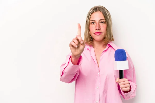 Young Caucasian Journalist Woman Isolated White Background Showing Number One — Stock fotografie