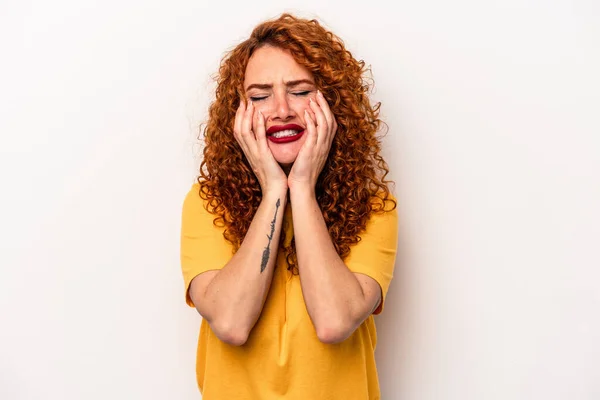 Young Ginger Caucasian Woman Isolated White Background Crying Unhappy Something — Stock Photo, Image