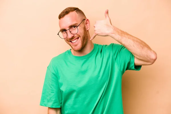 Young Caucasian Man Isolated Beige Background Showing Mobile Phone Call — Stock Photo, Image