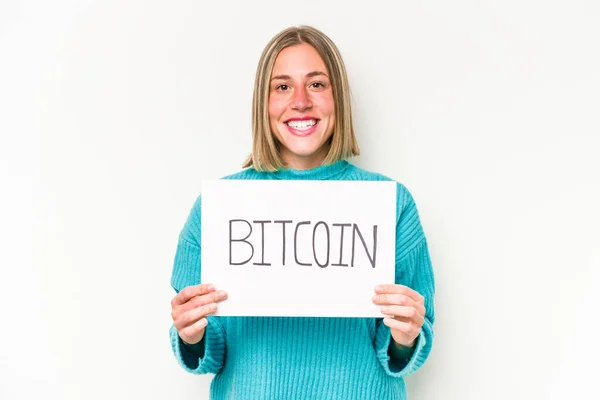 Jeune Femme Caucasienne Tenant Bitcoin Placard Isolé Sur Fond Blanc — Photo