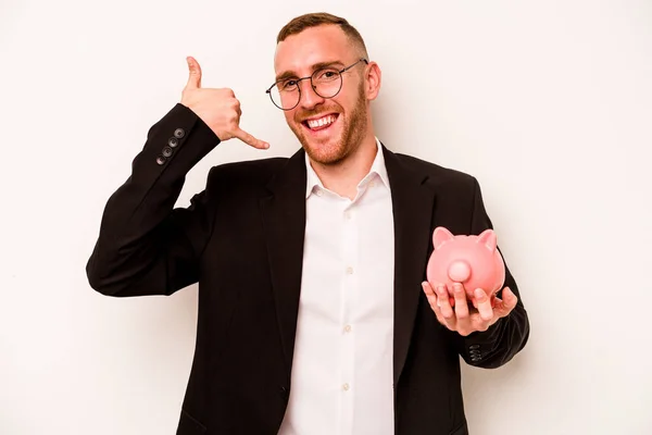 Young Business Caucasian Man Holding Piggy Bank Isolated White Background — Stock Photo, Image