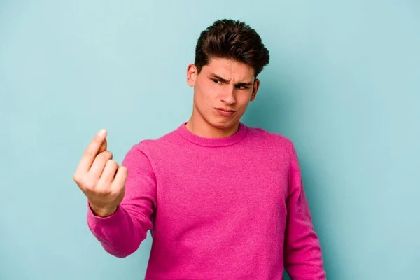 Young Caucasian Man Isolated Blue Background Pointing Finger You Inviting — Stock Photo, Image