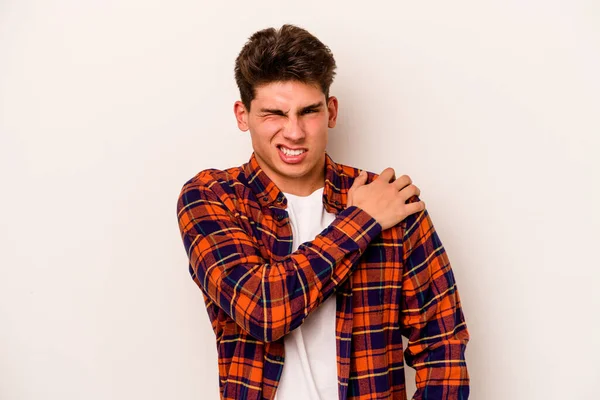 Young Caucasian Man Isolated White Background Having Shoulder Pain — Stock Photo, Image