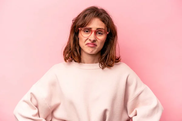 Young Caucasian Woman Isolated Pink Background Sad Serious Face Feeling — Stock Photo, Image