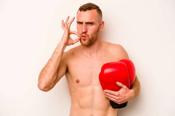 Young Caucasian Man Doing Boxing Isolated White Background Fingers Lips — Stock Photo, Image