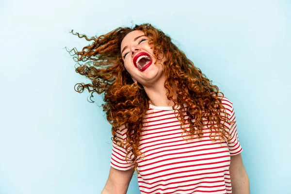 Young Ginger Caucasian Woman Isolated Blue Background Dancing Having Fun — Stock Photo, Image