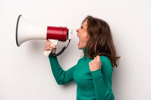 Jonge Kaukasische Vrouw Met Een Megafoon Geïsoleerd Witte Achtergrond — Stockfoto