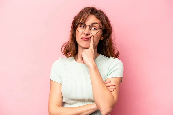 Young Caucasian Woman Isolated Pink Background Unhappy Looking Camera Sarcastic — Stock Photo, Image