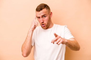 Beyazların arka planında izole edilmiş genç beyaz bir adam şakağı parmağıyla işaret ediyor, düşünüyor ve bir göreve odaklanıyor..