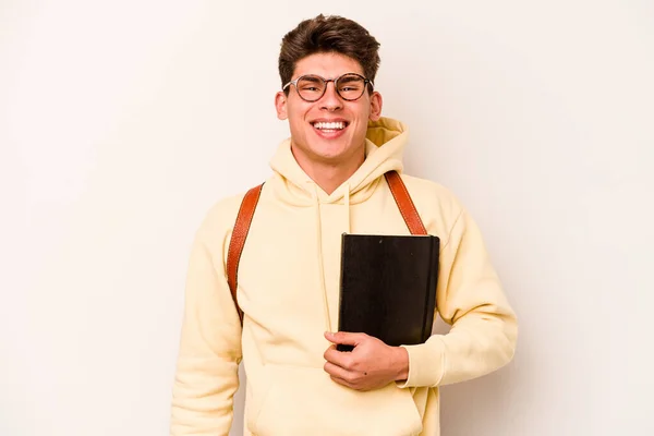 Joven Estudiante Caucásico Hombre Aislado Sobre Fondo Blanco Feliz Sonriente — Foto de Stock