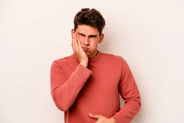 Young Caucasian Man Isolated White Background Blows Cheeks Has Tired — Stock Photo, Image