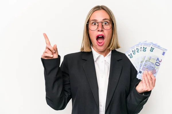 Young Business Caucasian Woman Holding Banknotes Isolated White Background Pointing — Stockfoto