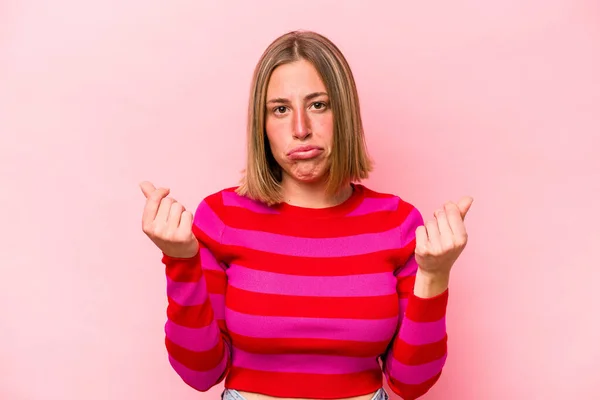 Young Caucasian Woman Isolated Pink Background Showing She Has Money — Stock Photo, Image