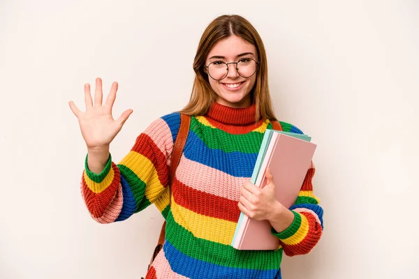 Young Student Caucasian Woman Isolated White Background Smiling Cheerful Showing — 스톡 사진