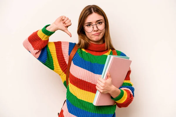 Young Student Caucasian Woman Isolated White Background Showing Dislike Gesture —  Fotos de Stock