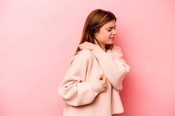 Jonge Blanke Vrouw Geïsoleerd Roze Achtergrond Met Een Schouder Pijn — Stockfoto
