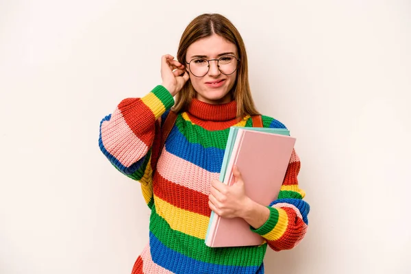 Young Student Caucasian Woman Isolated White Background Covering Ears Hands —  Fotos de Stock