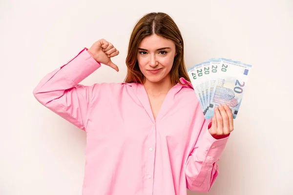 Young Woman Holding Banknotes Isolated White Background Feels Proud Self — Stock Photo, Image