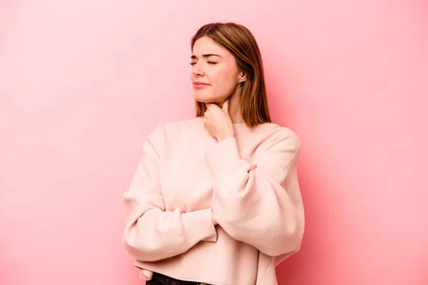 Jonge Blanke Vrouw Geïsoleerd Roze Achtergrond Lijdt Pijn Keel Als — Stockfoto