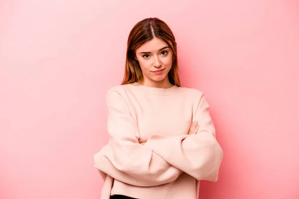 Jonge Blanke Vrouw Geïsoleerd Roze Achtergrond Verdacht Onzeker Onderzoeken Van — Stockfoto