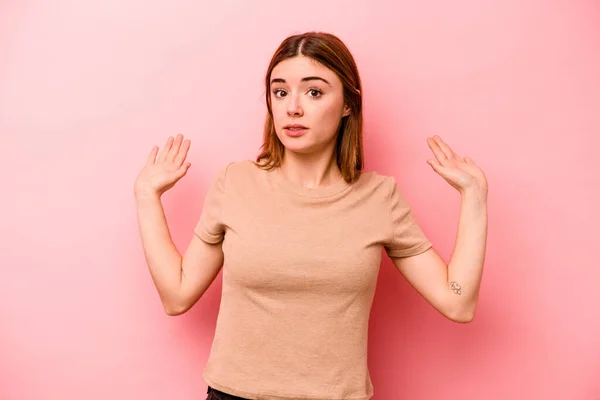 Young Caucasian Woman Isolated Pink Background Being Shocked Due Imminent — Stock Photo, Image